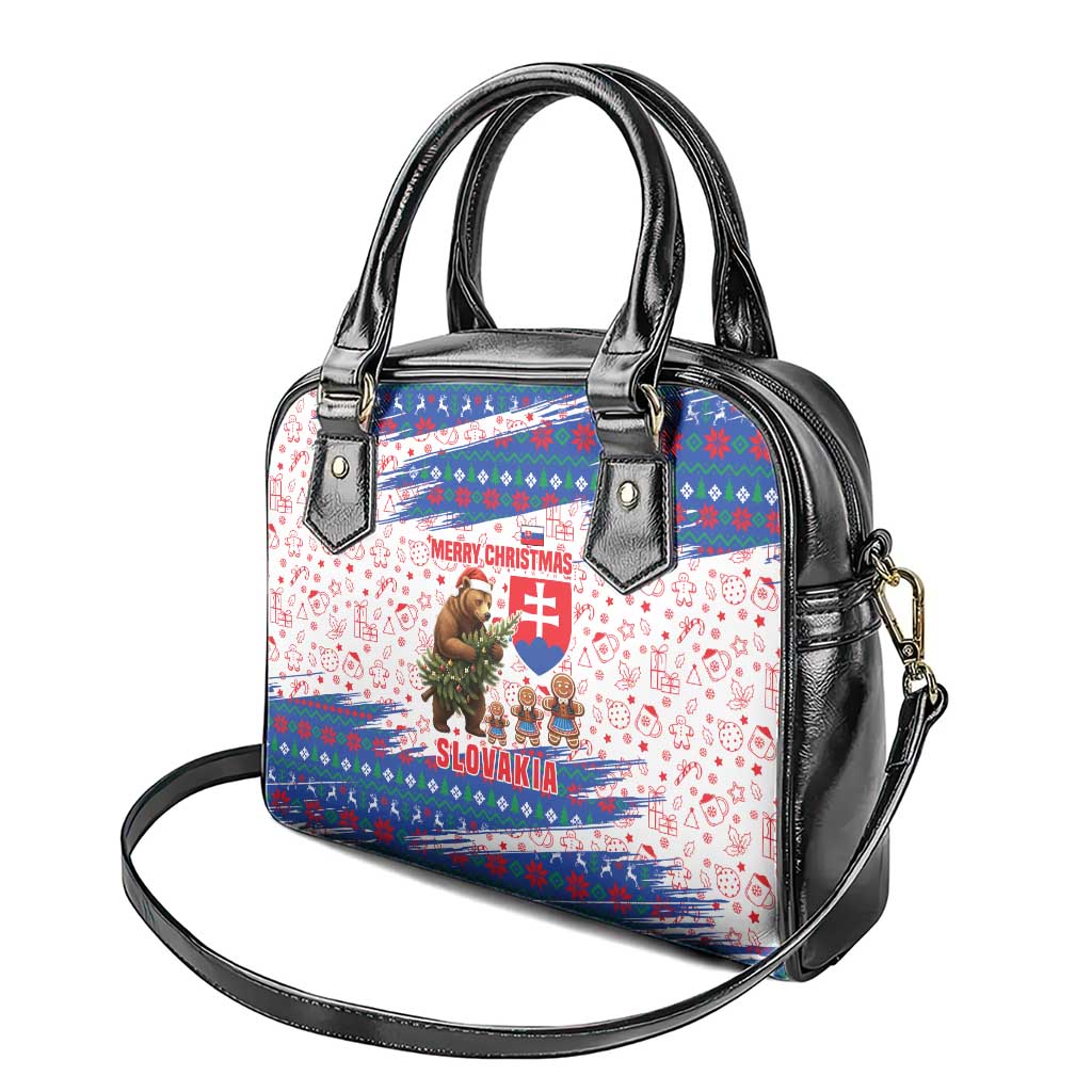 Slovakia Christmas Shoulder Handbag with Bear Holding Tree Gingerbread Cookies and Red Blue Snowflake Pattern Design - Wonder Print Shop