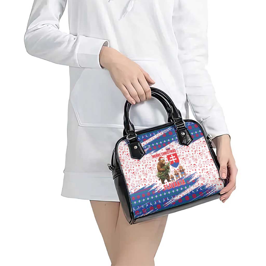 Slovakia Christmas Shoulder Handbag with Bear Holding Tree Gingerbread Cookies and Red Blue Snowflake Pattern Design - Wonder Print Shop