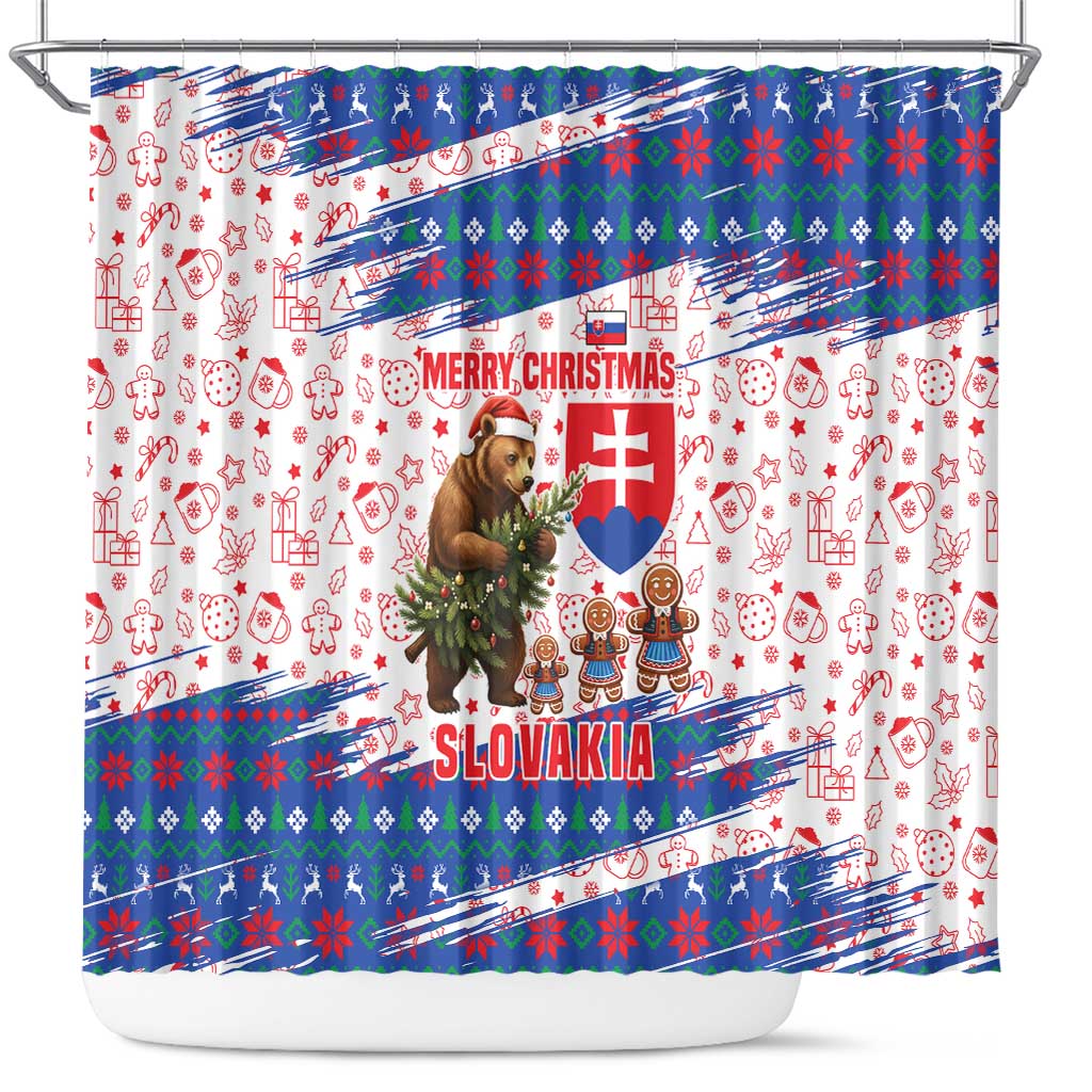 Slovakia Christmas Shower Curtain with Bear Holding Tree Gingerbread Cookies and Red Blue Snowflake Pattern Design - Wonder Print Shop