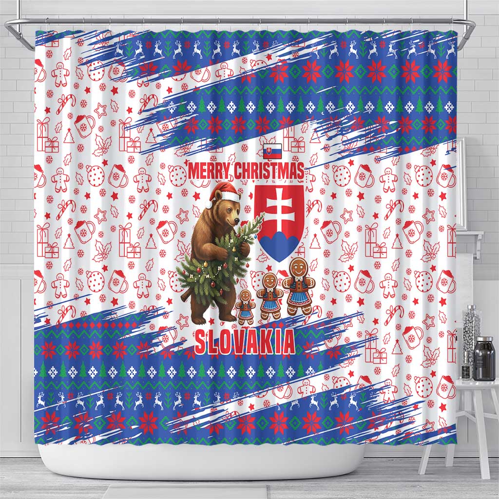 Slovakia Christmas Shower Curtain with Bear Holding Tree Gingerbread Cookies and Red Blue Snowflake Pattern Design - Wonder Print Shop