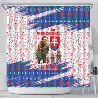 Slovakia Christmas Shower Curtain with Bear Holding Tree Gingerbread Cookies and Red Blue Snowflake Pattern Design - Wonder Print Shop