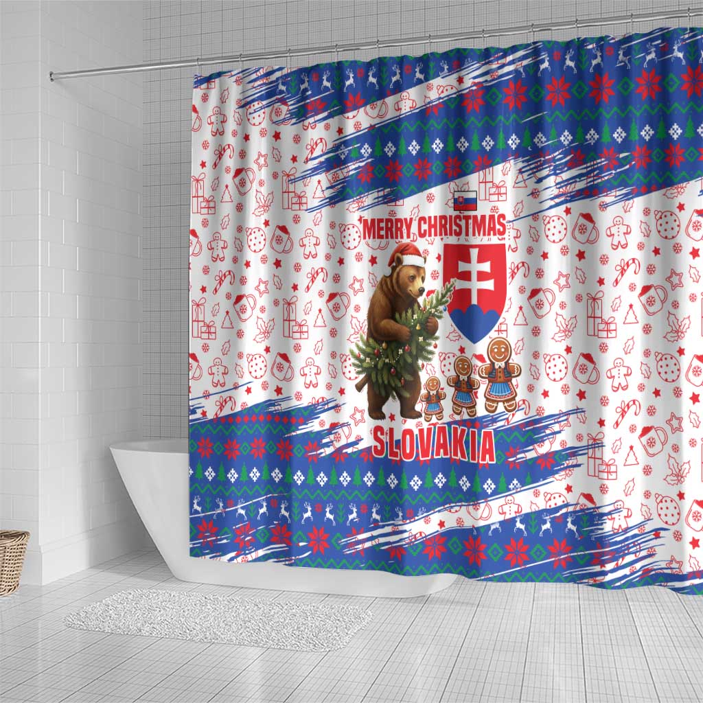 Slovakia Christmas Shower Curtain with Bear Holding Tree Gingerbread Cookies and Red Blue Snowflake Pattern Design - Wonder Print Shop
