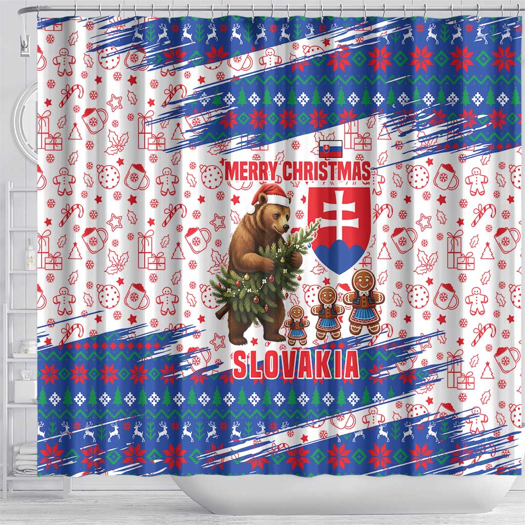 Slovakia Christmas Shower Curtain with Bear Holding Tree Gingerbread Cookies and Red Blue Snowflake Pattern Design - Wonder Print Shop