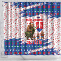 Slovakia Christmas Shower Curtain with Bear Holding Tree Gingerbread Cookies and Red Blue Snowflake Pattern Design - Wonder Print Shop