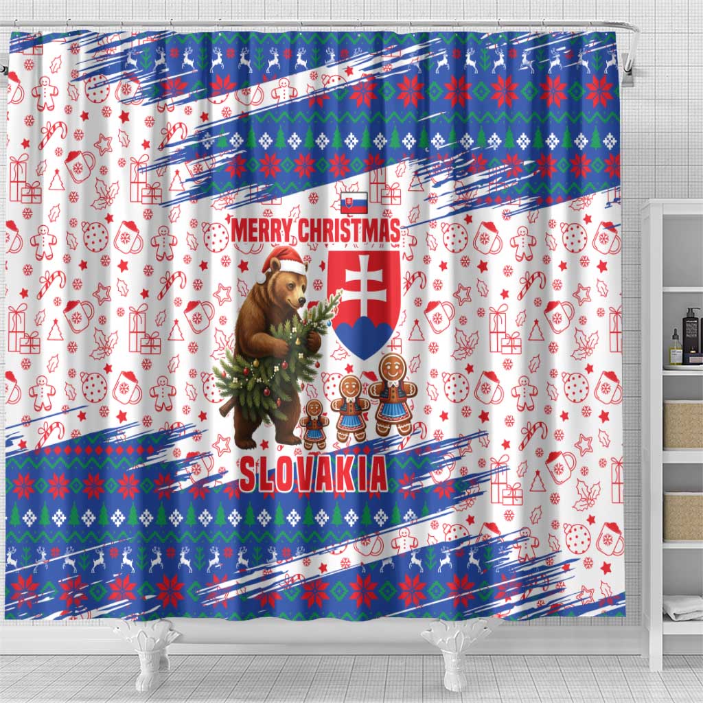 Slovakia Christmas Shower Curtain with Bear Holding Tree Gingerbread Cookies and Red Blue Snowflake Pattern Design - Wonder Print Shop