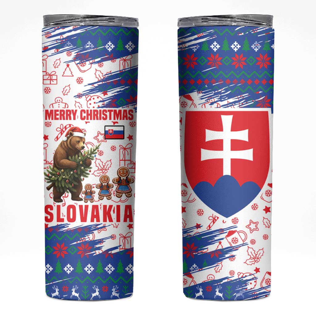 Slovakia Christmas Skinny Tumbler with Bear Holding Tree Gingerbread Cookies and Red Blue Snowflake Pattern Design - Wonder Print Shop