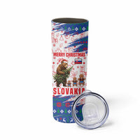Slovakia Christmas Skinny Tumbler with Bear Holding Tree Gingerbread Cookies and Red Blue Snowflake Pattern Design - Wonder Print Shop