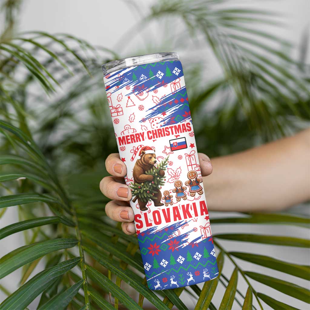 Slovakia Christmas Skinny Tumbler with Bear Holding Tree Gingerbread Cookies and Red Blue Snowflake Pattern Design - Wonder Print Shop
