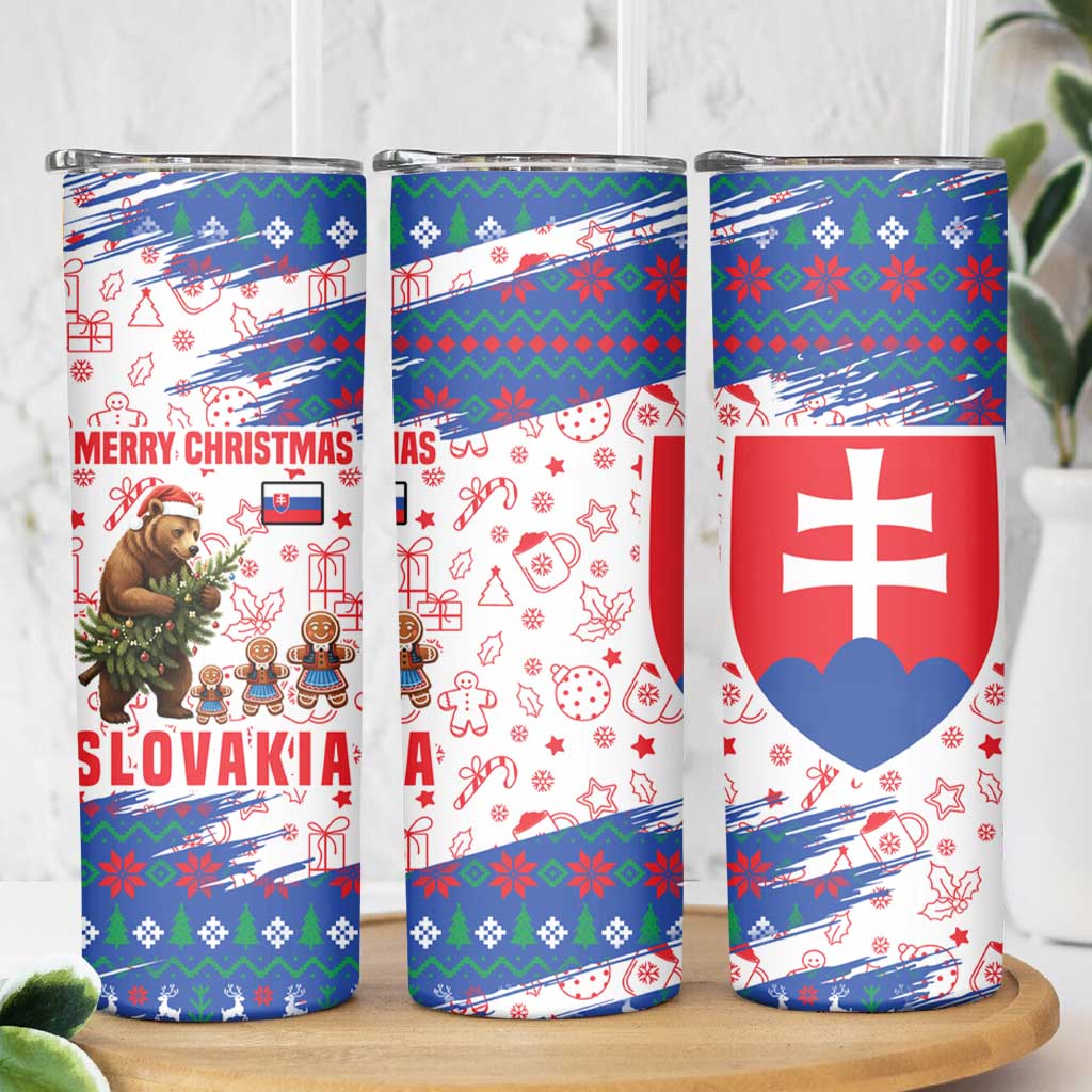 Slovakia Christmas Skinny Tumbler with Bear Holding Tree Gingerbread Cookies and Red Blue Snowflake Pattern Design - Wonder Print Shop