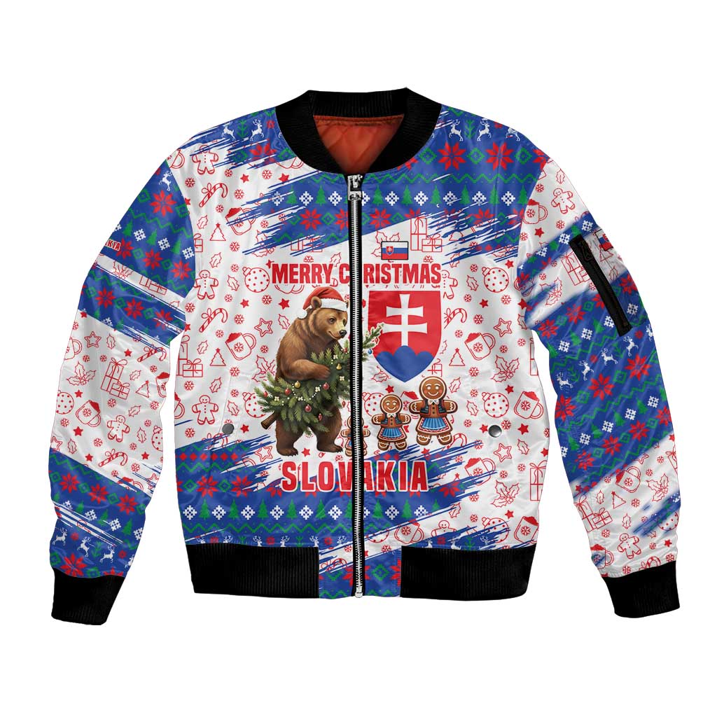 Slovakia Christmas Sleeve Zip Bomber Jacket with Bear Holding Tree Gingerbread Cookies and Red Blue Snowflake Pattern Design - Wonder Print Shop