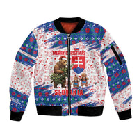 Slovakia Christmas Sleeve Zip Bomber Jacket with Bear Holding Tree Gingerbread Cookies and Red Blue Snowflake Pattern Design - Wonder Print Shop