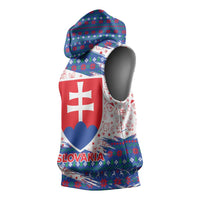 Slovakia Christmas Sleeveless Hoodie with Bear Holding Tree Gingerbread Cookies and Red Blue Snowflake Pattern Design - Wonder Print Shop
