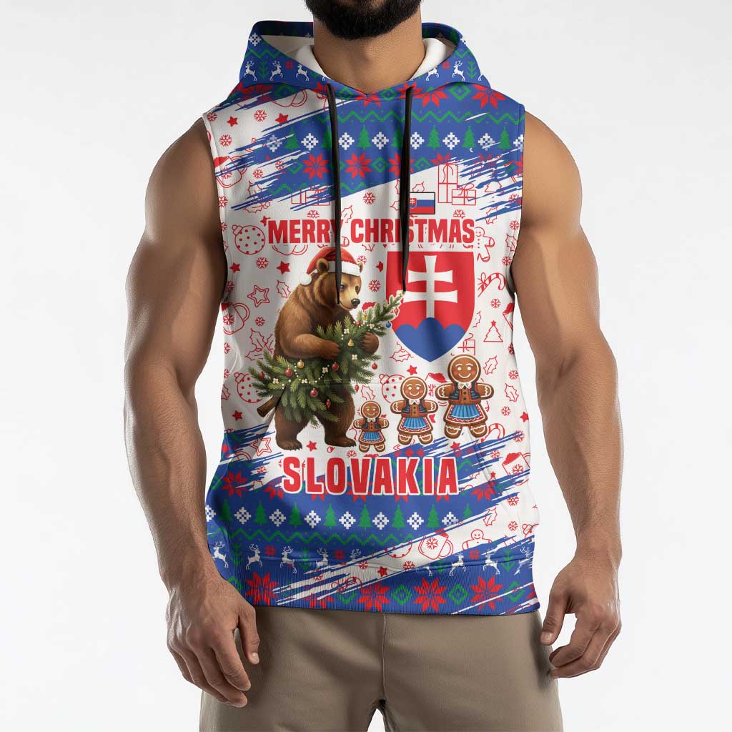 Slovakia Christmas Sleeveless Hoodie with Bear Holding Tree Gingerbread Cookies and Red Blue Snowflake Pattern Design - Wonder Print Shop