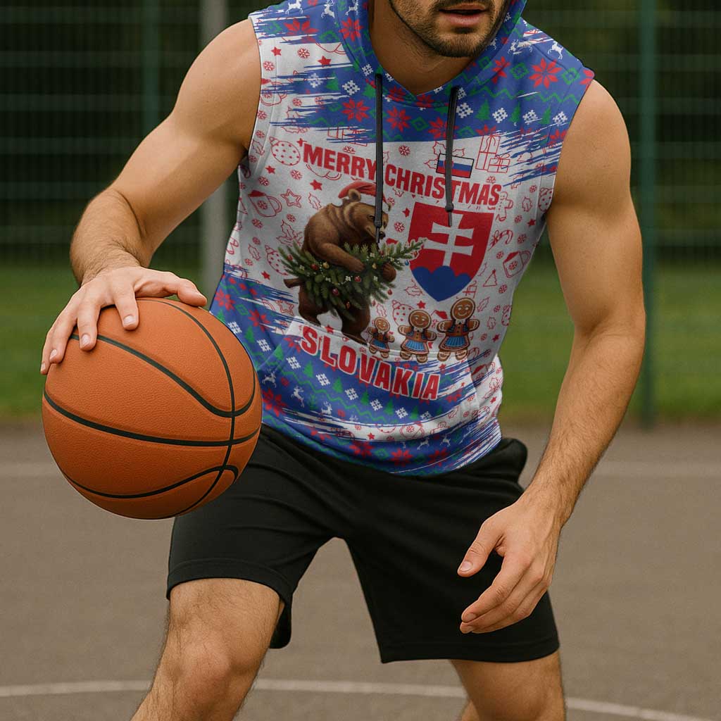 Slovakia Christmas Sleeveless Hoodie with Bear Holding Tree Gingerbread Cookies and Red Blue Snowflake Pattern Design - Wonder Print Shop