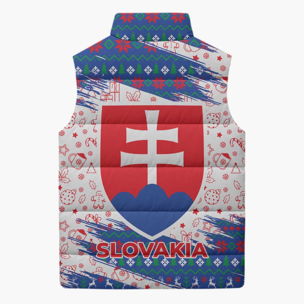 Slovakia Christmas Sleeveless Puffer Jacket with Bear Holding Tree Gingerbread Cookies and Red Blue Snowflake Pattern Design - Wonder Print Shop
