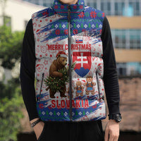 Slovakia Christmas Sleeveless Puffer Jacket with Bear Holding Tree Gingerbread Cookies and Red Blue Snowflake Pattern Design - Wonder Print Shop