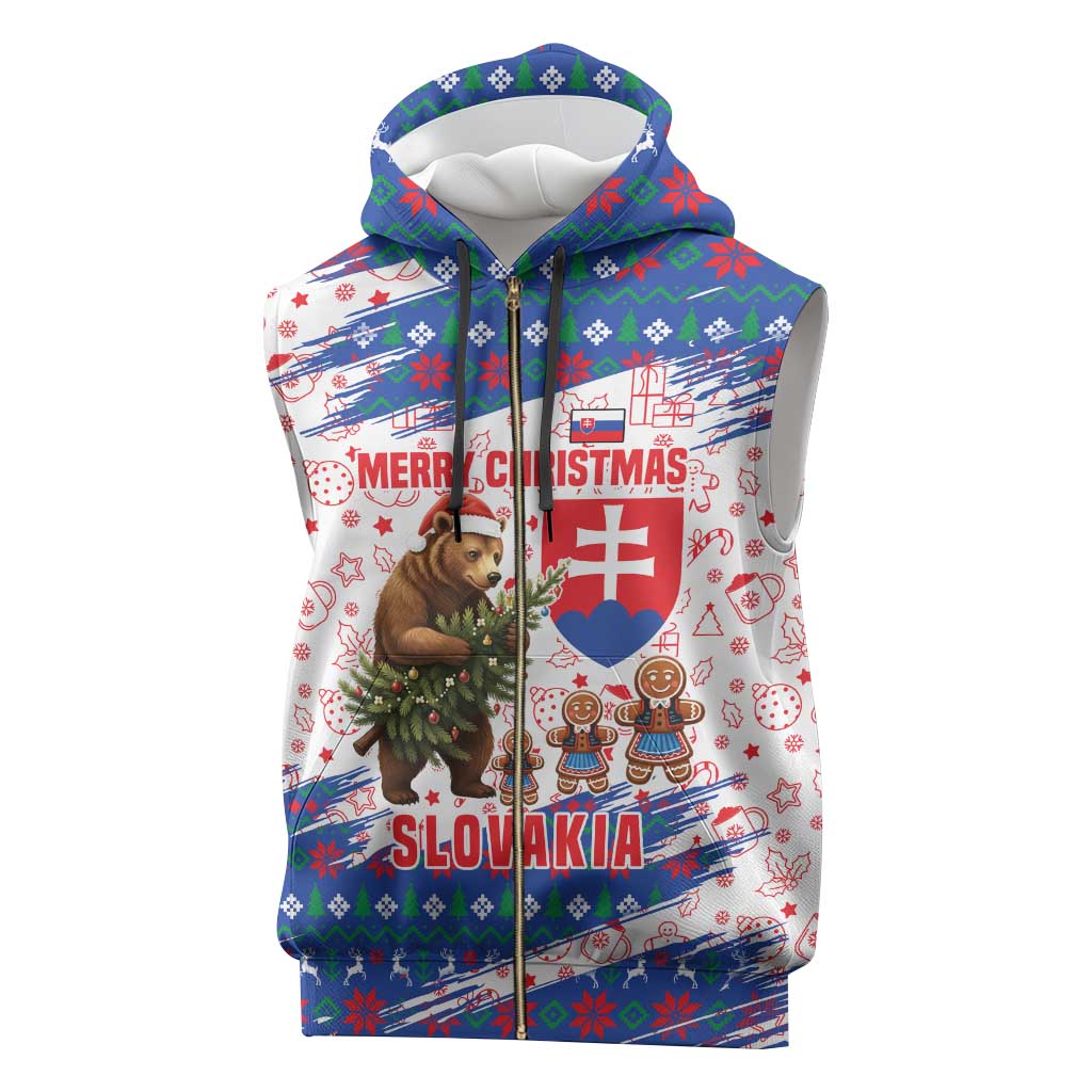 Slovakia Christmas Sleeveless Zip Hoodie with Bear Holding Tree Gingerbread Cookies and Red Blue Snowflake Pattern Design - Wonder Print Shop