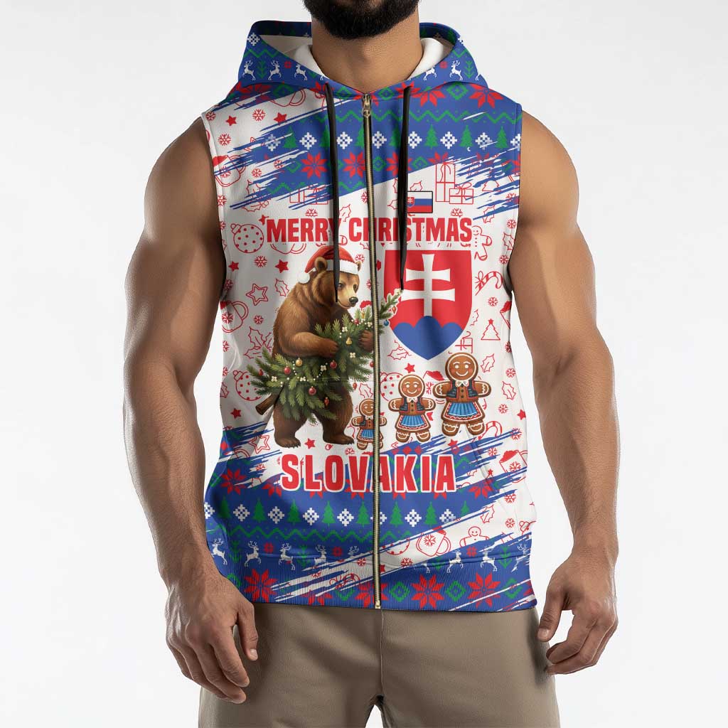 Slovakia Christmas Sleeveless Zip Hoodie with Bear Holding Tree Gingerbread Cookies and Red Blue Snowflake Pattern Design - Wonder Print Shop