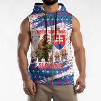 Slovakia Christmas Sleeveless Zip Hoodie with Bear Holding Tree Gingerbread Cookies and Red Blue Snowflake Pattern Design - Wonder Print Shop