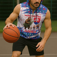 Slovakia Christmas Sleeveless Zip Hoodie with Bear Holding Tree Gingerbread Cookies and Red Blue Snowflake Pattern Design - Wonder Print Shop