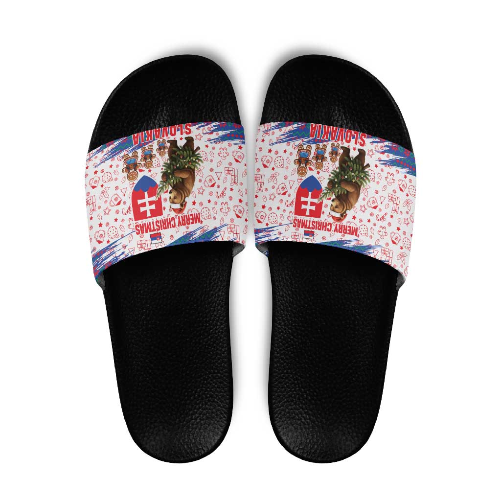 Slovakia Christmas Slide Sandals with Bear Holding Tree Gingerbread Cookies and Red Blue Snowflake Pattern Design - Wonder Print Shop