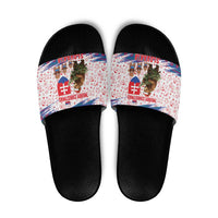 Slovakia Christmas Slide Sandals with Bear Holding Tree Gingerbread Cookies and Red Blue Snowflake Pattern Design - Wonder Print Shop
