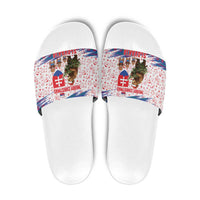 Slovakia Christmas Slide Sandals with Bear Holding Tree Gingerbread Cookies and Red Blue Snowflake Pattern Design - Wonder Print Shop