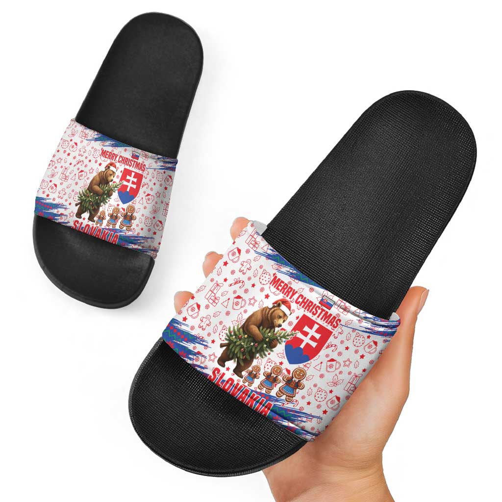 Slovakia Christmas Slide Sandals with Bear Holding Tree Gingerbread Cookies and Red Blue Snowflake Pattern Design - Wonder Print Shop