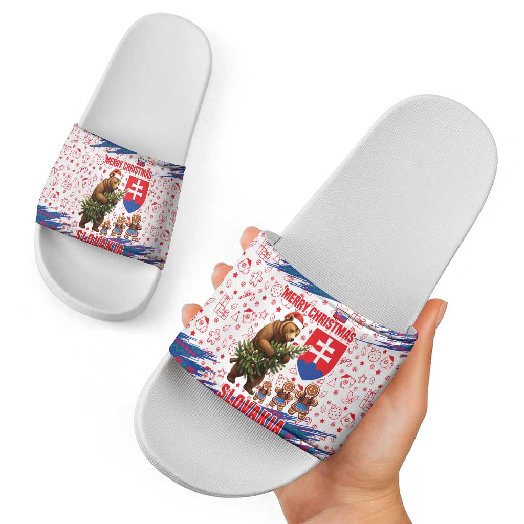 Slovakia Christmas Slide Sandals with Bear Holding Tree Gingerbread Cookies and Red Blue Snowflake Pattern Design - Wonder Print Shop