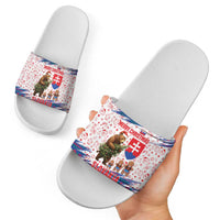 Slovakia Christmas Slide Sandals with Bear Holding Tree Gingerbread Cookies and Red Blue Snowflake Pattern Design - Wonder Print Shop