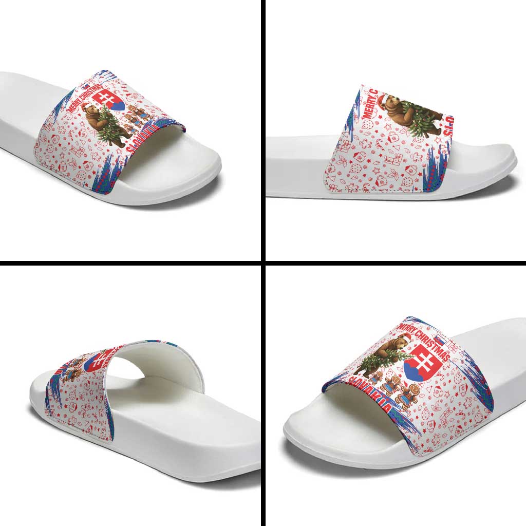 Slovakia Christmas Slide Sandals with Bear Holding Tree Gingerbread Cookies and Red Blue Snowflake Pattern Design - Wonder Print Shop