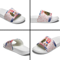 Slovakia Christmas Slide Sandals with Bear Holding Tree Gingerbread Cookies and Red Blue Snowflake Pattern Design - Wonder Print Shop