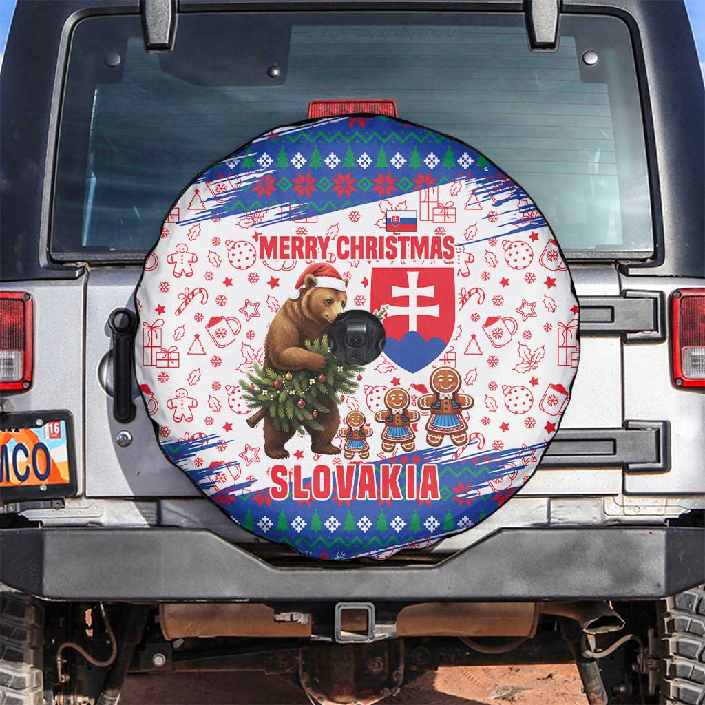 Slovakia Christmas Spare Tire Cover with Bear Holding Tree Gingerbread Cookies and Red Blue Snowflake Pattern Design - Wonder Print Shop