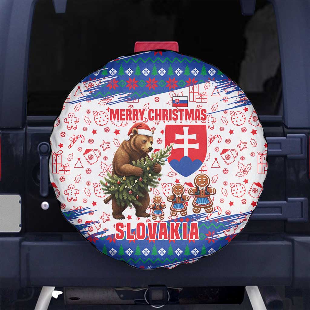Slovakia Christmas Spare Tire Cover with Bear Holding Tree Gingerbread Cookies and Red Blue Snowflake Pattern Design - Wonder Print Shop