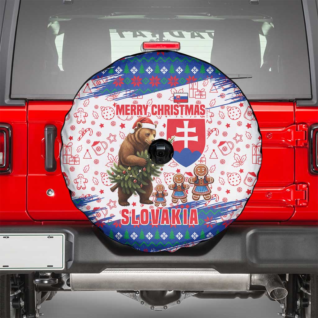 Slovakia Christmas Spare Tire Cover with Bear Holding Tree Gingerbread Cookies and Red Blue Snowflake Pattern Design - Wonder Print Shop