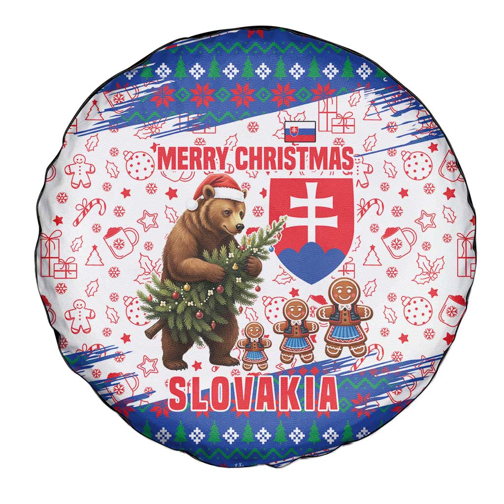 Slovakia Christmas Spare Tire Cover with Bear Holding Tree Gingerbread Cookies and Red Blue Snowflake Pattern Design - Wonder Print Shop