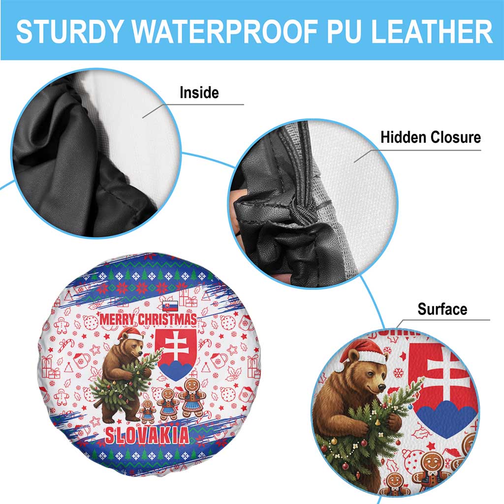 Slovakia Christmas Spare Tire Cover with Bear Holding Tree Gingerbread Cookies and Red Blue Snowflake Pattern Design - Wonder Print Shop