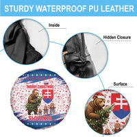 Slovakia Christmas Spare Tire Cover with Bear Holding Tree Gingerbread Cookies and Red Blue Snowflake Pattern Design - Wonder Print Shop