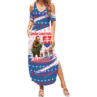 Slovakia Christmas Summer Maxi Dress with Bear Holding Tree Gingerbread Cookies and Red Blue Snowflake Pattern Design - Wonder Print Shop