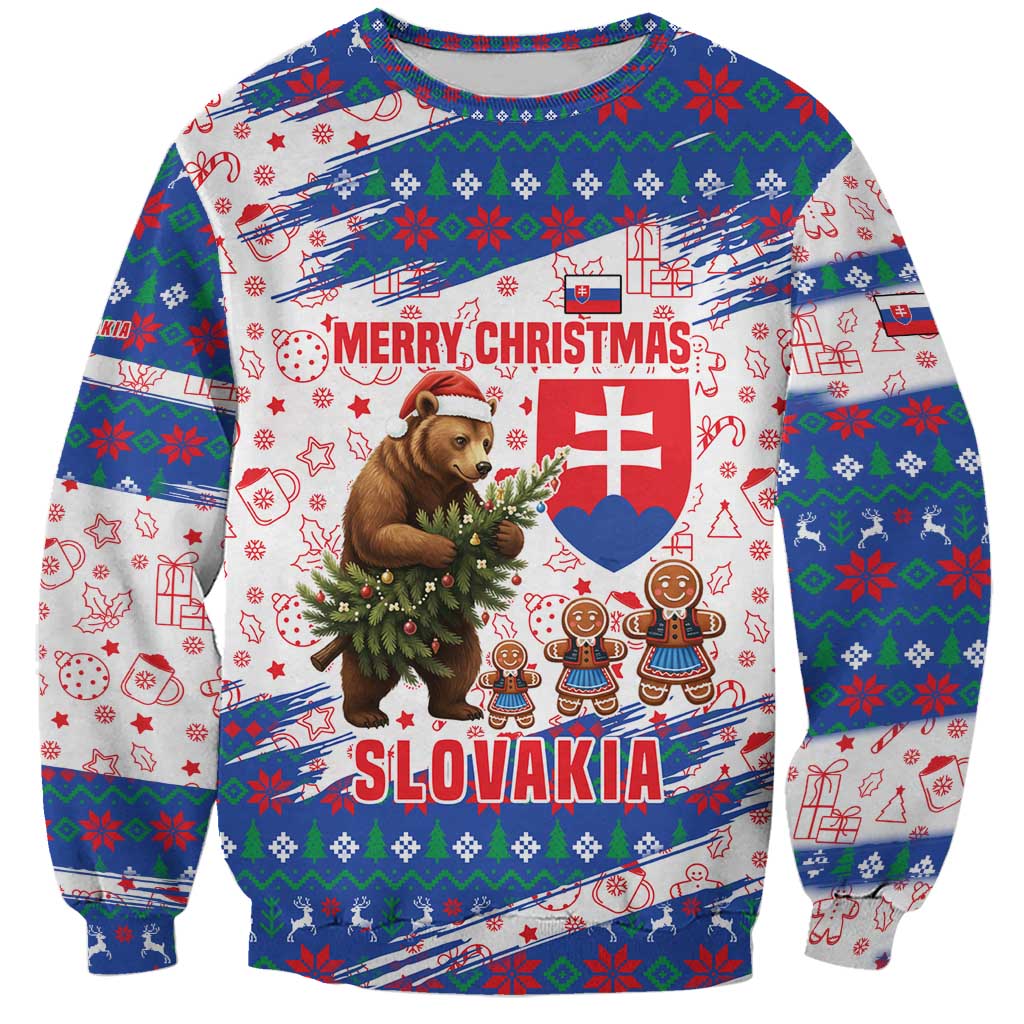 Slovakia Christmas Sweatshirt with Bear Holding Tree Gingerbread Cookies and Red Blue Snowflake Pattern Design - Wonder Print Shop