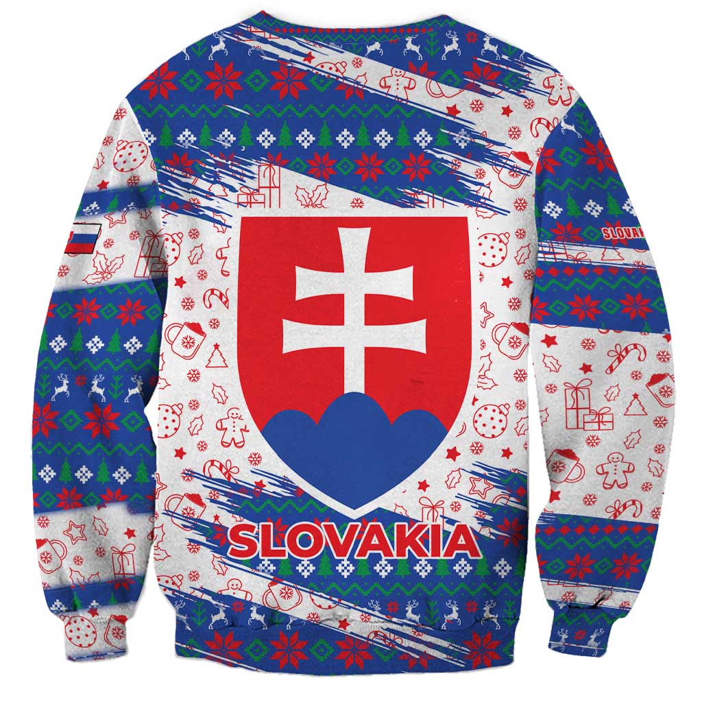 Slovakia Christmas Sweatshirt with Bear Holding Tree Gingerbread Cookies and Red Blue Snowflake Pattern Design - Wonder Print Shop