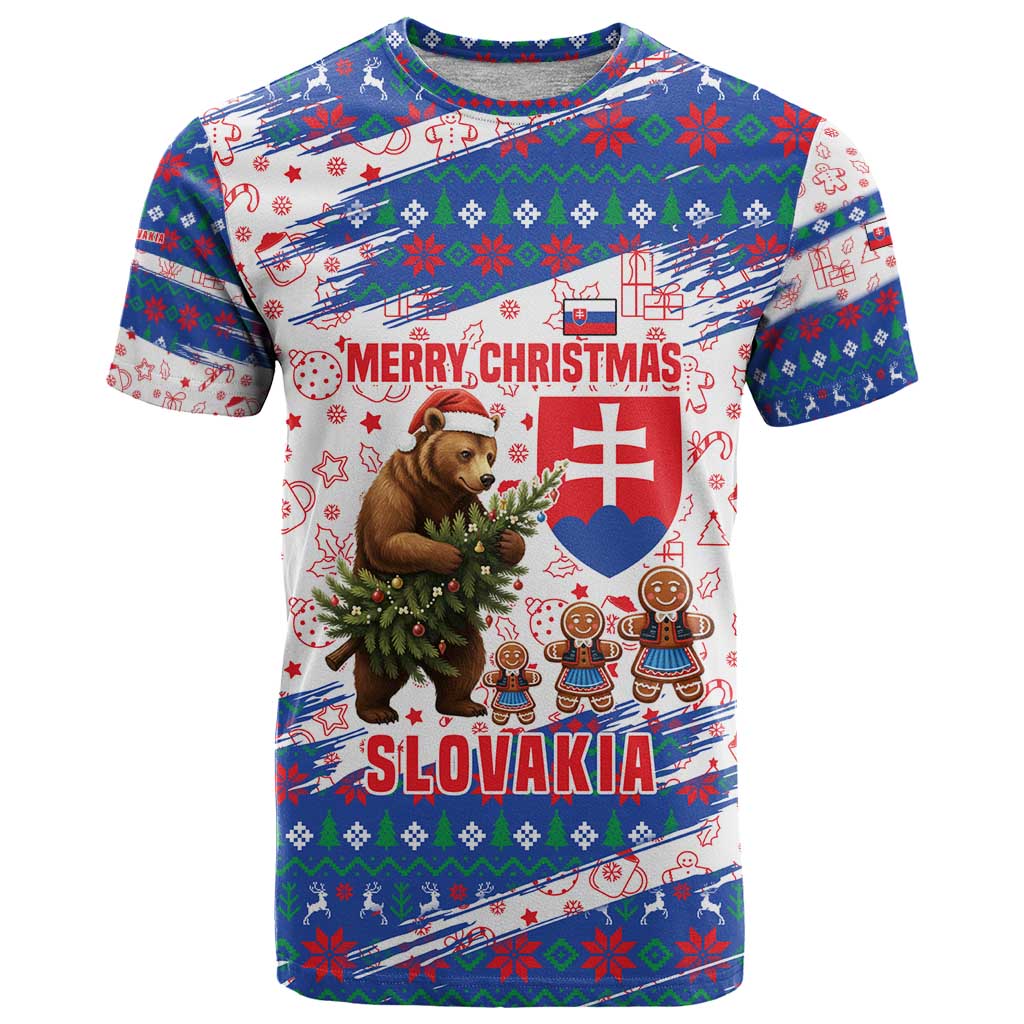 Slovakia Christmas T Shirt with Bear Holding Tree Gingerbread Cookies and Red Blue Snowflake Pattern Design - Wonder Print Shop