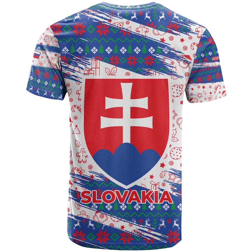 Slovakia Christmas T Shirt with Bear Holding Tree Gingerbread Cookies and Red Blue Snowflake Pattern Design - Wonder Print Shop