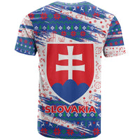 Slovakia Christmas T Shirt with Bear Holding Tree Gingerbread Cookies and Red Blue Snowflake Pattern Design - Wonder Print Shop