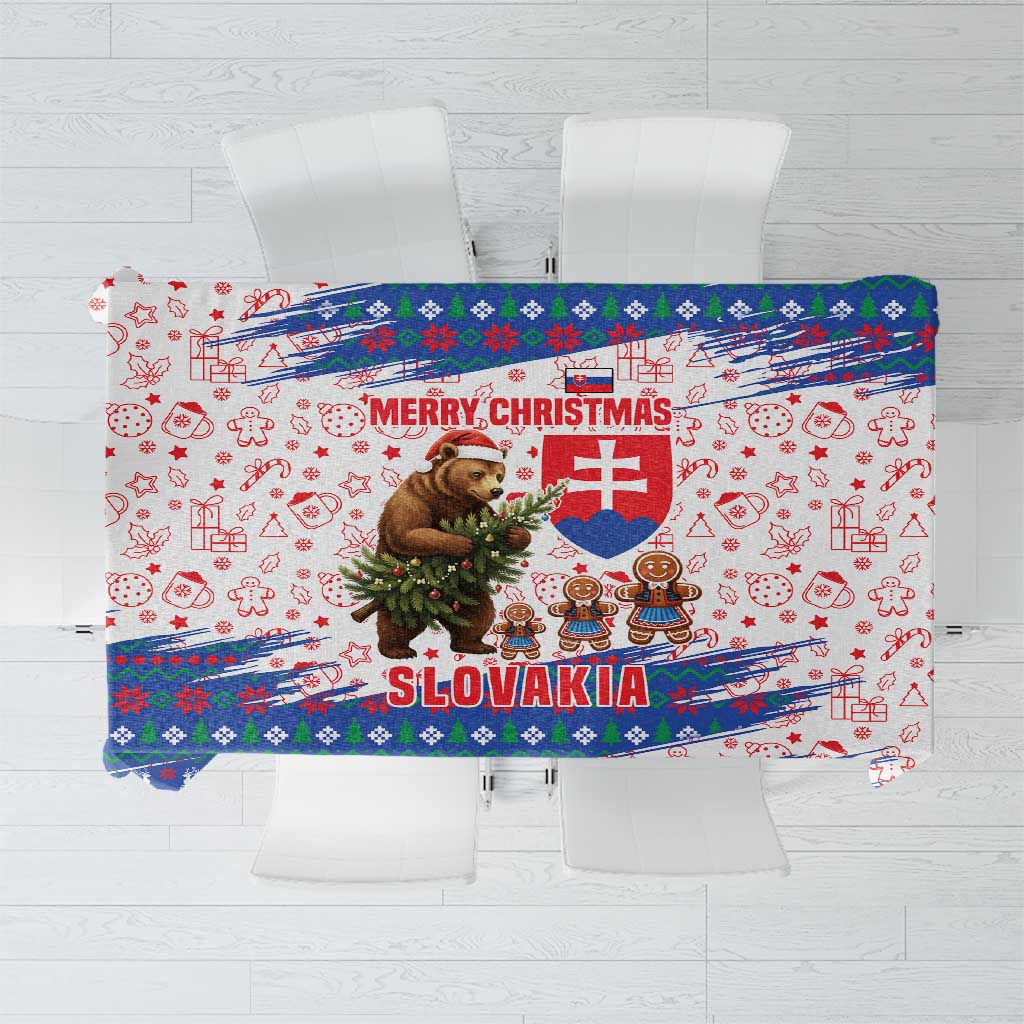 Slovakia Christmas Tablecloth with Bear Holding Tree Gingerbread Cookies and Red Blue Snowflake Pattern Design - Wonder Print Shop
