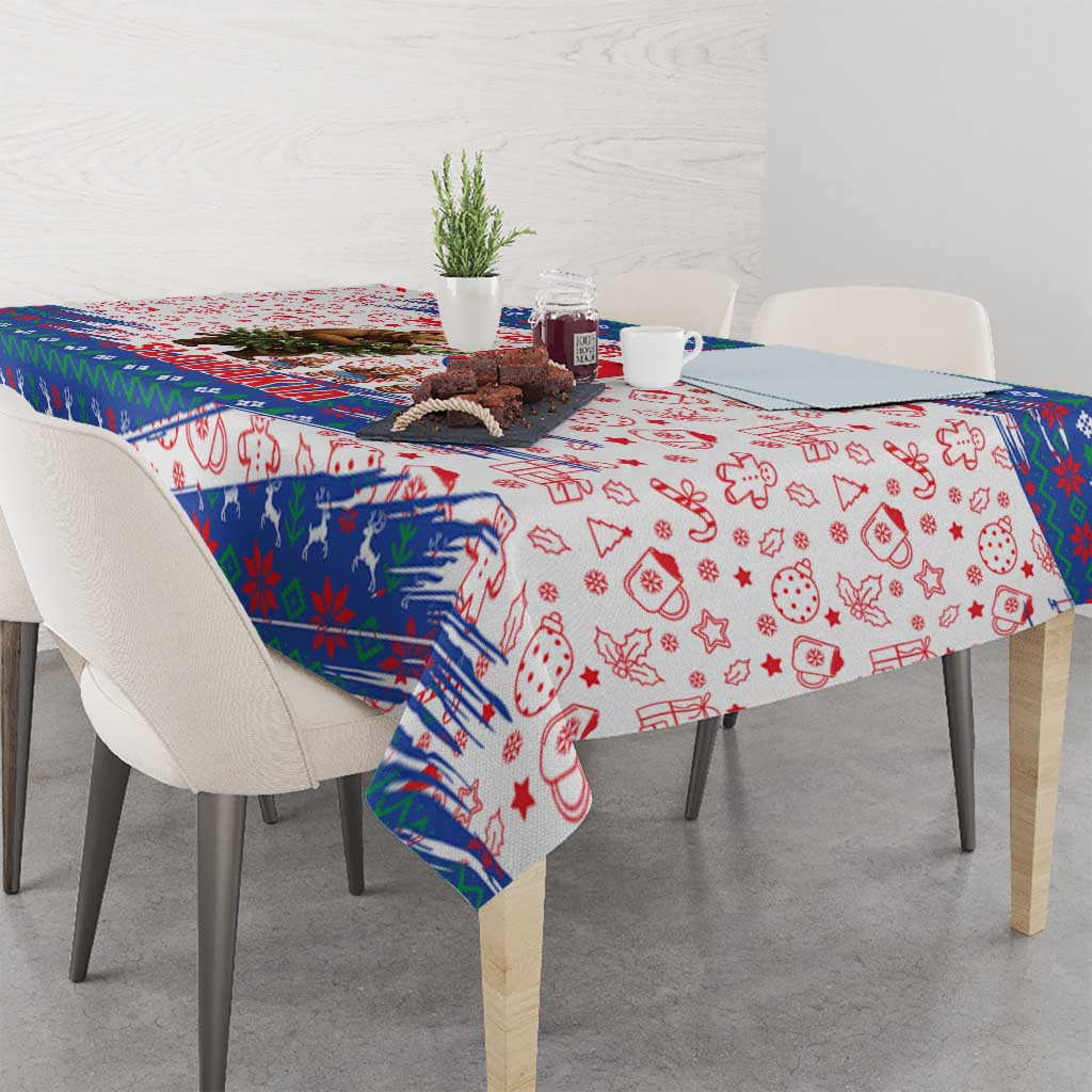 Slovakia Christmas Tablecloth with Bear Holding Tree Gingerbread Cookies and Red Blue Snowflake Pattern Design - Wonder Print Shop