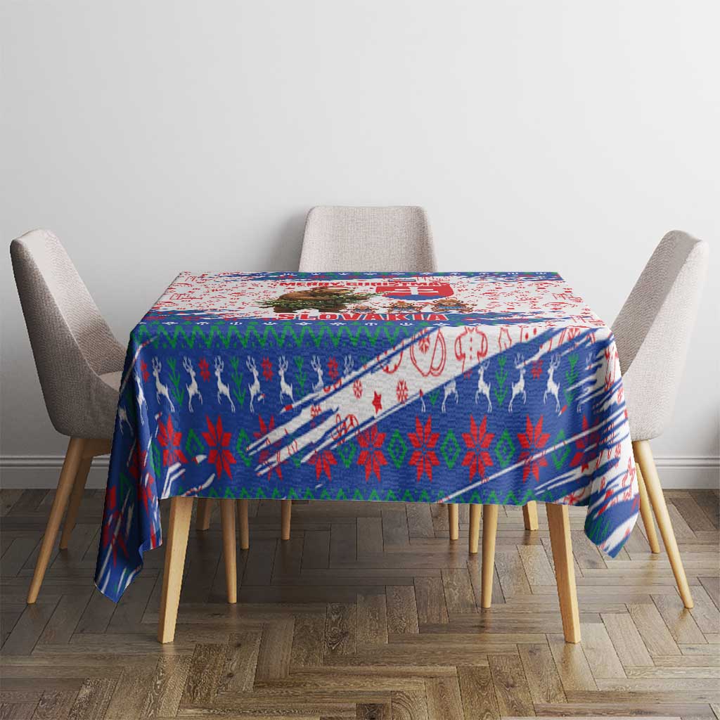 Slovakia Christmas Tablecloth with Bear Holding Tree Gingerbread Cookies and Red Blue Snowflake Pattern Design - Wonder Print Shop