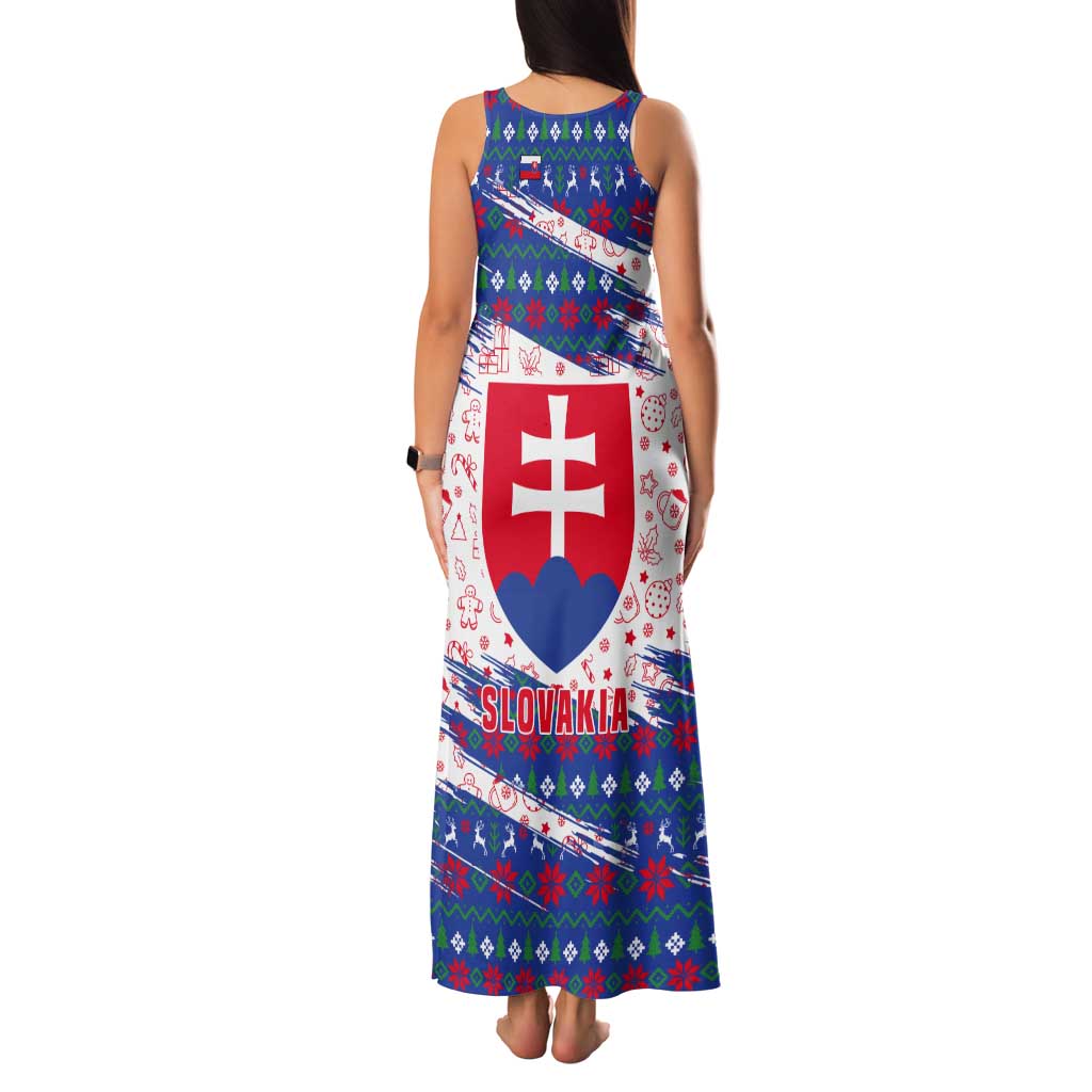 Slovakia Christmas Tank Maxi Dress with Bear Holding Tree Gingerbread Cookies and Red Blue Snowflake Pattern Design - Wonder Print Shop