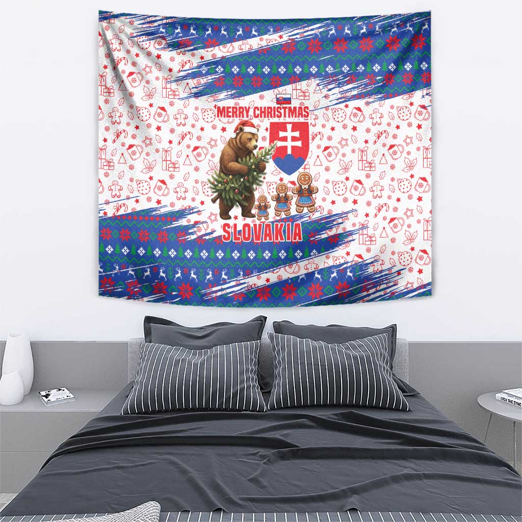 Slovakia Christmas Tapestry with Bear Holding Tree Gingerbread Cookies and Red Blue Snowflake Pattern Design - Wonder Print Shop