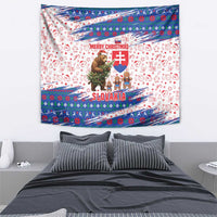 Slovakia Christmas Tapestry with Bear Holding Tree Gingerbread Cookies and Red Blue Snowflake Pattern Design - Wonder Print Shop